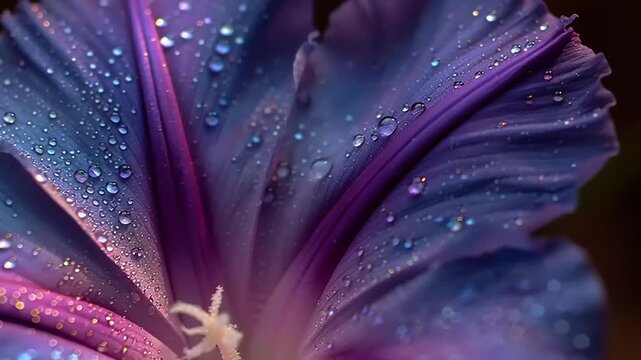 Extreme macro shot of a delicate flower petal structure with dew drops, captured in a vibrant, close-up, high-definition video.
