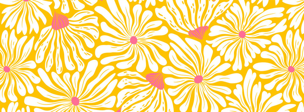 Vector horizontal illustration with abstract groovy flowers pattern isolated on yellow background. Summer bright colorful art design template for poster print, card, web banner, website