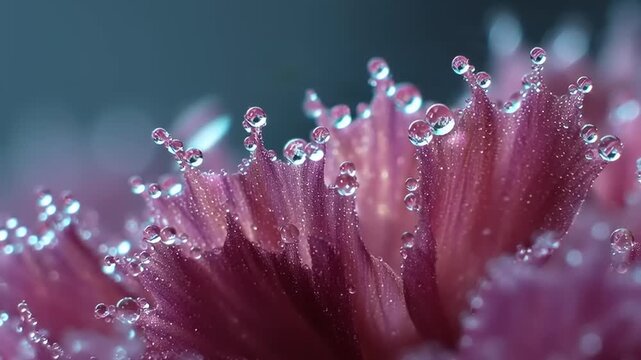 Extreme Macro Shot of Crystal Dew Droplets on Flower Petals in Nature