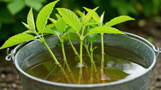 Young cannabis plants growing in a metal bucket with water.