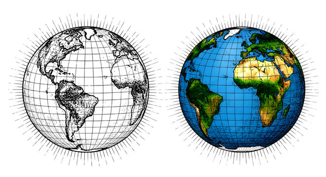 Side-by-side comparison of wireframe and colorful Earth globes on black background