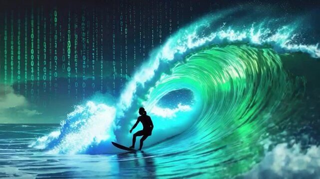 Silhouette surfer carves a wave with binary code backdrop
