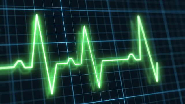 Green Neon Heartbeat EKG Line On A Blue Digital Grid Background