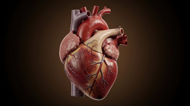 Realistic 3D illustration of a human heart showing detailed anatomy with arteries and veins on a dark background.