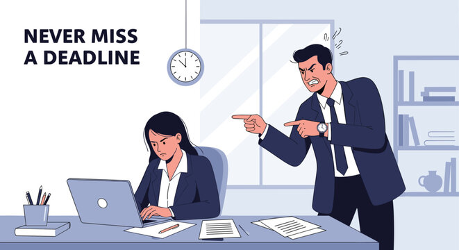 Angry male boss yelling and pointing at a stressed female employee working on a laptop in an office setting.