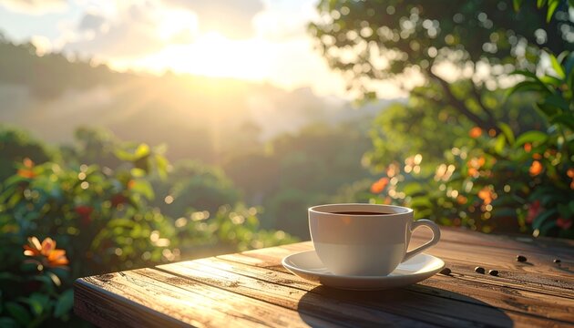A white coffee cup sits on a wooden table, overlooking a lush green valley at sunrise