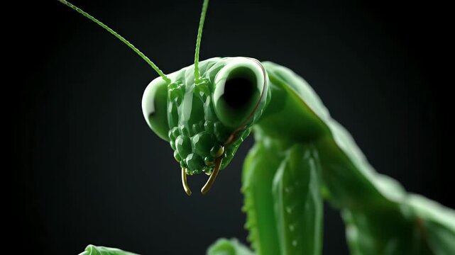 Close-up macro photography of a vibrant green praying mantis with intricate details and striking features against a dark background