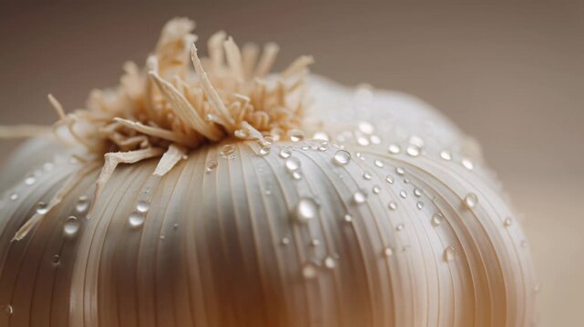 Extreme Macro Push-In on Dew-Kissed Fresh Garlic Bulb Showing Papery Skin Fibers