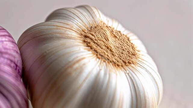 Lateral Slider Macro of Two Fresh Garlic Bulbs Highlighting Varietal Skin Patterns
