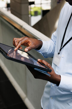 Detail Shot Man Hands Using Tablet