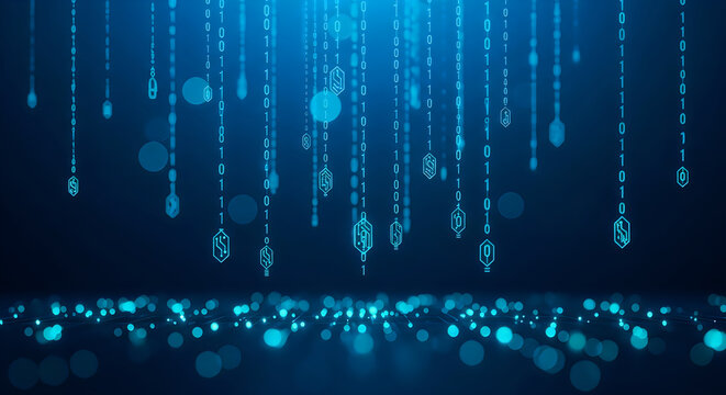 Digital stream of binary code and symbols falling against a dark background, representing data and cyberspace.