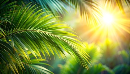 Obraz premium Sunlight streams through lush green palm fronds, creating a tropical and radiant scene