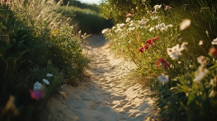 Fototapeta premium A sandy coastal path lined with blooming wildflowers under soft sunlight, showcasing vibrant colors and natural beauty.