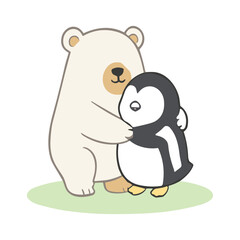 Cute Bear Hugging Penguin Cartoon Illustration