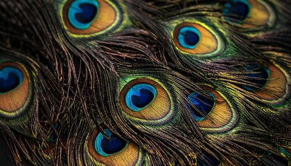 Fototapeta premium Vibrant peacock feathers showcase colorful eyespots in detailed close-up