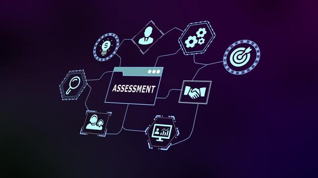 Business assessment and data evaluation concept with digital icons representing analysis, performance and strategic review.