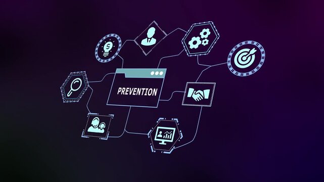  Digital prevention strategy and cybersecurity concept with futuristic interface icons for protection and risk management.