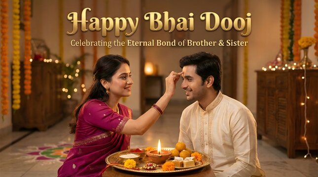 Indian sister applying tilak on brother's forehead on bhai dooj festival