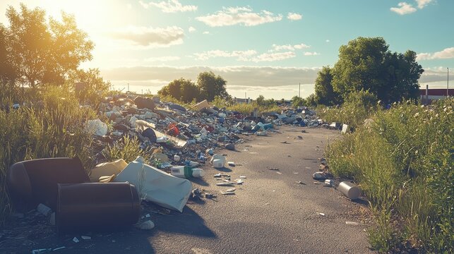 An urban lot overflows with piles of scattered waste and debris under a midday sun, highlighting the consequences of illegal dumping.