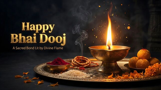 Happy bhai dooj celebration with traditional indian diwali lamp and decorations