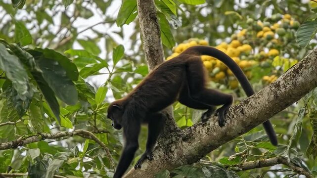 A monkey with dark fur is perched on a thick tree branch. It is surrounded by lush green foliage and a blurred background of yellow flowers.