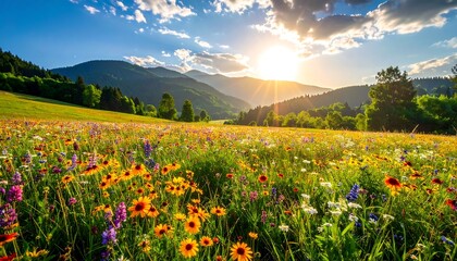 Fototapeta premium A serene landscape of a vibrant flower field at sunrise