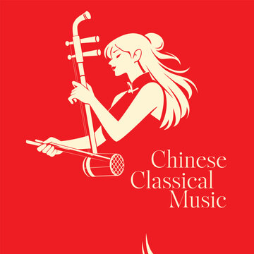 Flat vector illustration of a woman playing erhu in Chinese classical music style. Minimal beige silhouette on bold red background, elegant traditional cultural concept design. Vector Ikkustration