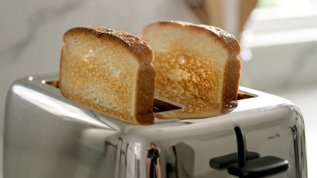 Toast popping up from a modern toaster on a kitchen counter.