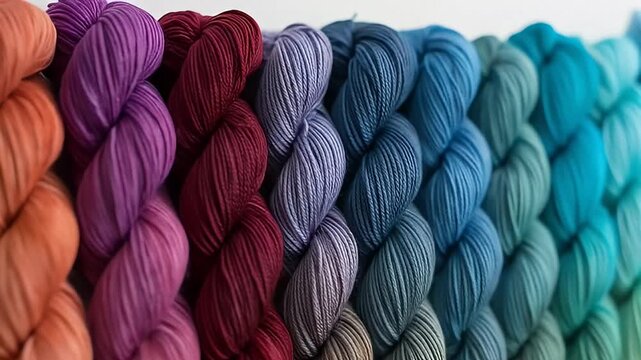 Gradient of colorful twisted skeins of yarn from orange to teal in a close-up shot