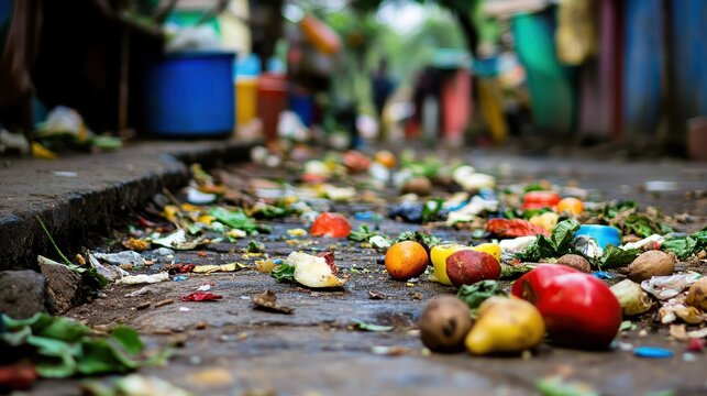 Discarded food waste and colorful produce scattered across the ground outside a busy urban market, revealing the aftermath of commerce.
