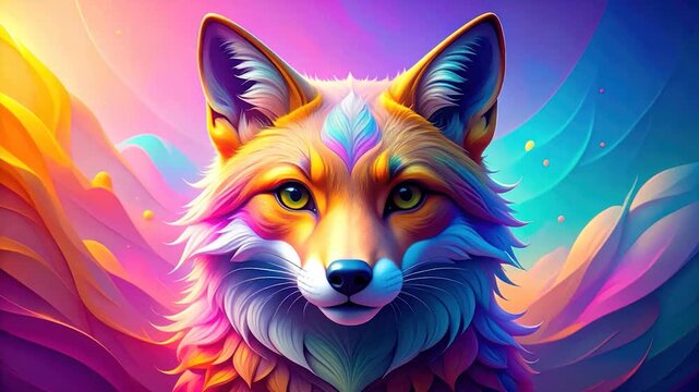A vibrant fox face with swirling, colorful abstract background