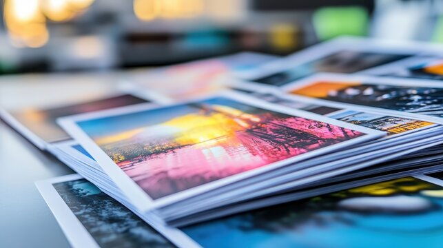 Neatly Stacked Vibrant Printed Photographs Showcasing Bold Colors and Clean Composition