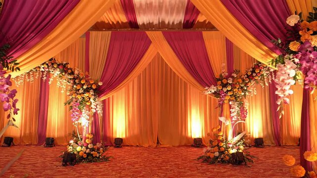 Vibrant Indian Wedding Stage Decor Floral Drapes Warm Lighting