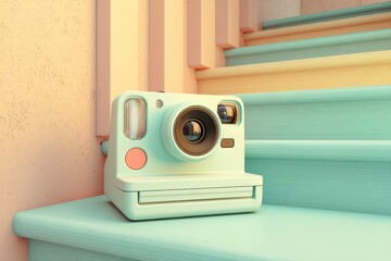 Vintage Instant Camera on Pastel Blue Steps