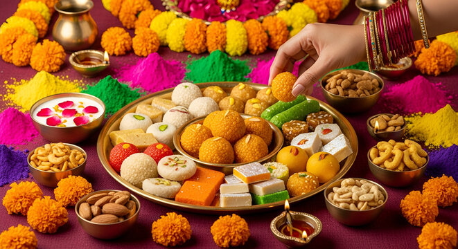 Indian woman taking Diwali sweets Gujiya peda barfi Indian sweet dessert mithai festival Dussehra Holi ganesh chaturthi Ram navami Durga pooja ashtami Navratri 4K footage Mumbai Kerala India Sri Lanka