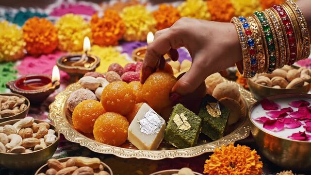 Indian woman taking Diwali sweets Gujiya peda barfi Indian sweet dessert mithai festival Dussehra Holi ganesh chaturthi Ram navami Durga pooja ashtami Navratri 4K footage Mumbai Kerala India Sri Lank.