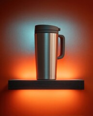 Stainless Steel Travel Mug on Glowing Shelf