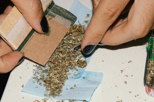 hands putting marijuana rolling paper joint 
