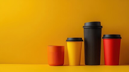 Three reusable coffee cups in varying sizes and colors arranged on a bright yellow surface against a vibrant orange background