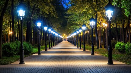 Symmetrical rows of illuminated streetlights line an empty city plaza path at night