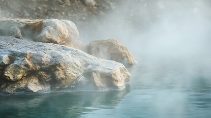 shallow. A natural hot spring with warm steam rising over smooth rock pool edges in soft morning light. gardening catalogs, home-decor guides, designed for gardening and botanical catalogs.