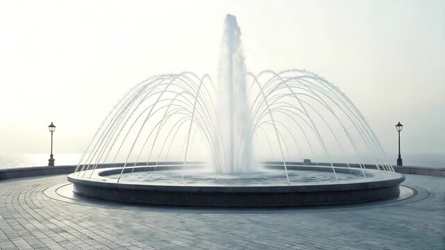 Water Fountain Spraying in Arches with Lamp Posts on Pavement - Stock Footage