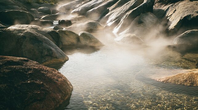 shallow. A natural hot spring with warm steam rising over smooth rock pool edges in soft morning light. gardening catalogs, home-decor guides, designed for gardening and botanical catalogs.