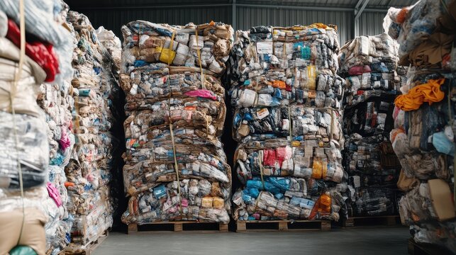 Stacks of unsaleable merchandise bales in a warehouse, representing consumerism and overproduction