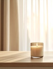 ヨーロピアン風ミニマルダイニングを描いた超写実的動画。
光を受けたガラスキャンドルがカウンターに置かれ、落ち着いた静かな雰囲気を演出。
背景はマットなグレージュの壁がフレームの大部分を占め、白いシアーカーテン越しの春の柔らかい朝光が空間を明るく照らす。
暖かみのあるベージュとソフトブラウン、微かな70年代風レトロ感で、約90％のネガティブスペースを確保し広告や編集用途に最適。