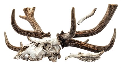 Obraz premium Detailed close-up of a deer skull with impressive antlers, isolated on white background.