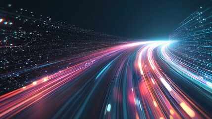 Obraz premium Vibrant light trails weaving through the dark night sky with glowing particles creating a sense of speed and motion