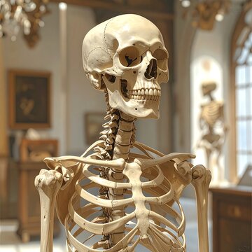 Detailed anatomical study of a human skeleton model in a museum setting, showcasing bone structure.