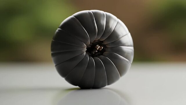 A captivating macro close-up of a millipede gracefully curled into a perfect defensive spiral, showcasing its intricate segmented body and unique protective posture in the natural environment