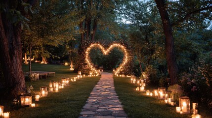 Obraz premium Romantic Heart Archway with Candlelit Pathway in Garden